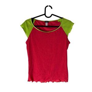 Cosabella Italy Neon Pink Green Colorblock Nylon Mesh Short Sleeve Top Womens XL